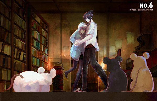 Anime picture 1600x1028 with no.6 studio bones nezumi (no.6) shion (no.6) astarone short hair black hair red eyes signed grey hair inscription from below holding hands dancing boy animal book (books) lamp shelf bookshelf