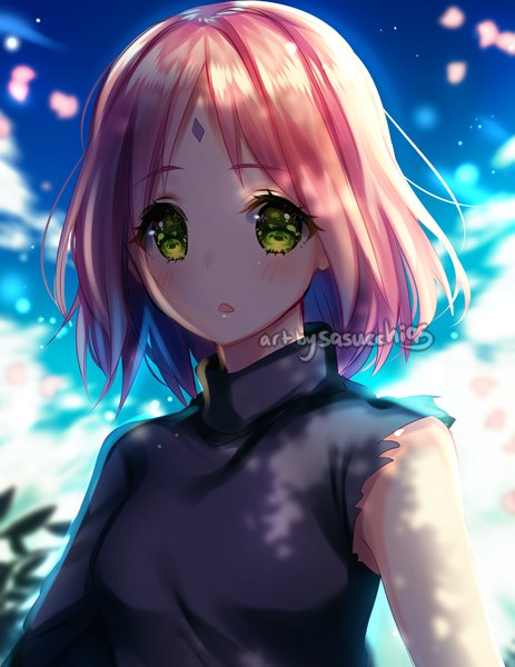 Anime picture 1077x1396 with naruto studio pierrot naruto (series) haruno sakura sasucchi95 single tall image looking at viewer short hair open mouth green eyes signed pink hair sky upper body :o depth of field watermark forehead mark girl