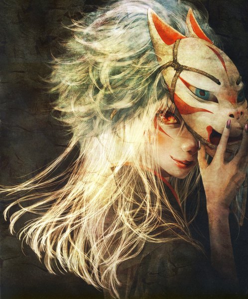 Anime picture 7472x9000 with original enta shiho tall image looking at viewer highres blue eyes smile red eyes absurdres white hair nail polish looking back scan lipstick facial mark portrait girl mask fox mask