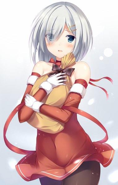 Anime picture 1289x2026 with kantai collection hamakaze destroyer tomoo (tomo) single tall image blush short hair open mouth blue eyes bare shoulders silver hair girl dress gloves detached sleeves white gloves