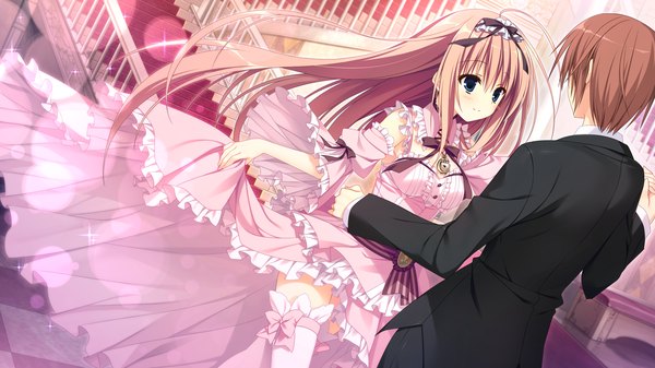 Anime picture 1280x720 with majo koi nikki nanno alice inugami kira long hair blush short hair blue eyes smile brown hair wide image game cg couple face to face dancing girl dress boy hair ornament bow hair bow