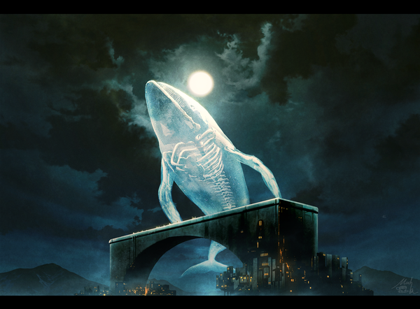 Anime picture 1081x797 with original mocha (cotton) cloud (clouds) outdoors night night sky mountain no people fantasy skeleton fog animal building (buildings) transparent clothing bridge whale