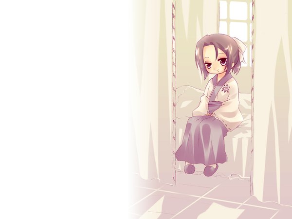 Anime picture 1024x768 with original suzuki kokono single looking at viewer blush short hair black hair smile sitting purple eyes payot purple hair full body ponytail indoors long sleeves traditional clothes japanese clothes light smile mole