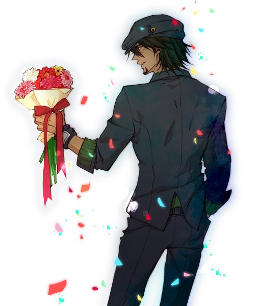 Anime picture 1044x1244 with tiger & bunny sunrise (studio) kaburagi t. kotetsu tagme (artist) single tall image short hair simple background brown hair standing white background profile light smile outstretched arm dark skin hand in pocket boy pants suit bouquet