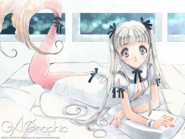Anime picture 1024x768 with gagraphic rami single long hair looking at viewer blush twintails white hair indoors tail lying night on stomach cleavage cutout fish tail girl dress ribbon (ribbons) hair ribbon window