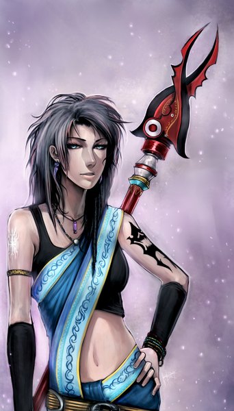 Anime picture 900x1575 with ninjatic single long hair tall image aqua eyes grey hair tattoo hand on hip wavy hair purple background girl navel earrings bracelet pendant staff