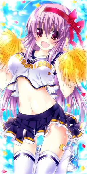 Anime picture 500x1000 with original ojitcha single long hair tall image blush open mouth purple eyes purple hair cheerleader girl thighhighs skirt white thighhighs hairband confetti