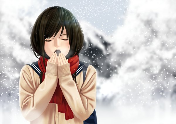 Anime picture 1029x728 with original kurei mamoru single long hair blush open mouth black hair eyes closed snowing winter snow exhalation girl serafuku scarf sweater
