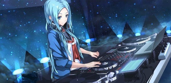 Anime picture 1500x734 with original hyp single long hair looking at viewer blue eyes wide image blue hair dj girl uniform serafuku headphones laptop