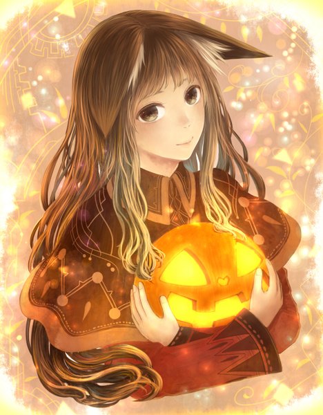 Anime picture 1000x1280 with original bounin single long hair tall image looking at viewer smile brown hair holding brown eyes animal ears hug fox ears light halloween girl plant (plants) vegetables jack-o'-lantern pumpkin