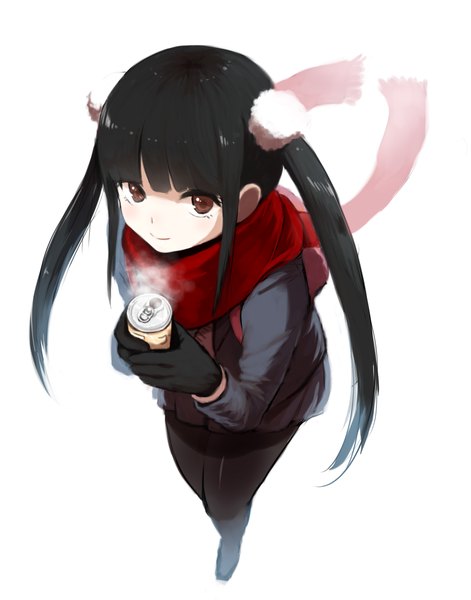 Anime picture 1081x1375 with original eri (resia) single long hair tall image blush black hair simple background smile white background twintails brown eyes light smile from above looking up steam girl gloves hair ornament miniskirt