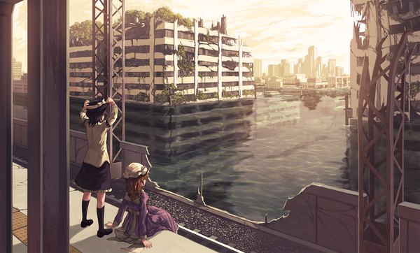 Anime picture 1882x1136 with touhou usami renko maribel hearn berabou long hair highres short hair blonde hair brown hair wide image standing sitting multiple girls long sleeves from behind arms up city evening reflection sunset
