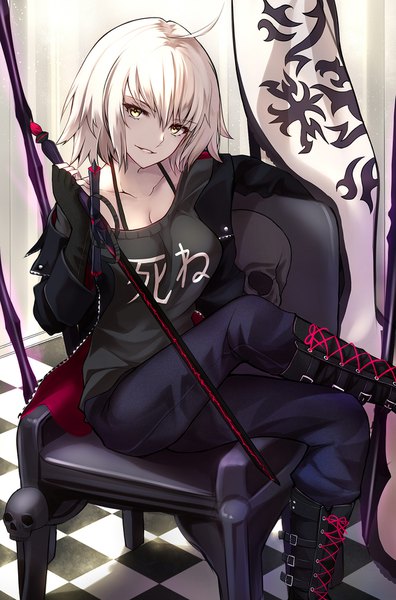 Anime picture 1131x1714 with fate (series) fate/grand order jeanne d'arc (fate) (all) jeanne d'arc alter (fate) shiguru single tall image looking at viewer fringe short hair breasts smile hair between eyes sitting holding yellow eyes cleavage ahoge white hair parted lips
