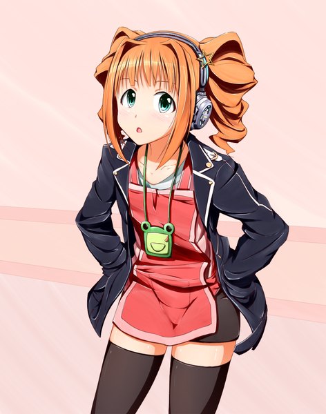 Anime picture 816x1037 with idolmaster takatsuki yayoi kouki371 single long hair tall image looking at viewer open mouth blue eyes brown hair twintails drill hair girl thighhighs black thighhighs headphones