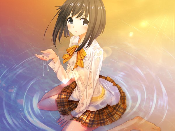 Anime picture 1024x768 with shukusai no utahime tagme (character) single looking at viewer blush fringe short hair black hair sitting game cg bent knee (knees) outdoors parted lips pleated skirt barefoot black eyes arm support partially submerged lens flare wariza