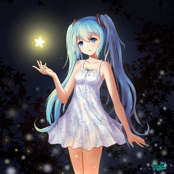 Anime picture 1632x1632 with vocaloid hatsune miku reki (lichk) single looking at viewer blue eyes twintails signed very long hair aqua hair dark background snowflake print girl dress star (symbol) sundress snowflake (snowflakes)