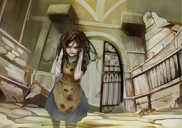 Anime picture 2047x1447 with american mcgee's alice (game) alice: madness returns alice (american mcgee's) gen'ichi highres black hair brown eyes ruins injury cuts gate girl blood apron