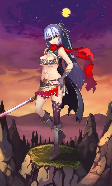 Anime picture 1000x1668 with original ratio (ratio-d) single long hair tall image breasts light erotic smile red eyes large breasts ponytail midriff girl thighhighs gloves navel miniskirt sword boots scarf