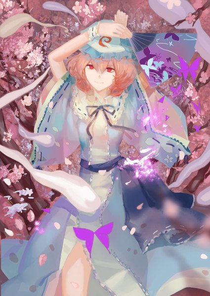 Anime picture 1488x2102 with touhou saigyouji yuyuko myon nibanmachi wakai single tall image looking at viewer fringe short hair smile red eyes holding purple hair traditional clothes light smile wide sleeves cherry blossoms dancing girl flower (flowers)