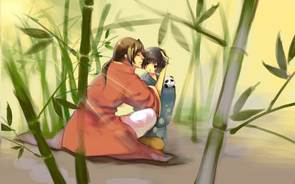 Anime picture 2000x1245 with axis powers hetalia studio deen japan (hetalia) china (hetalia) shouka long hair highres short hair black hair brown hair wide image tail eyes closed traditional clothes kiss boy plant (plants) animal child (children) bamboo