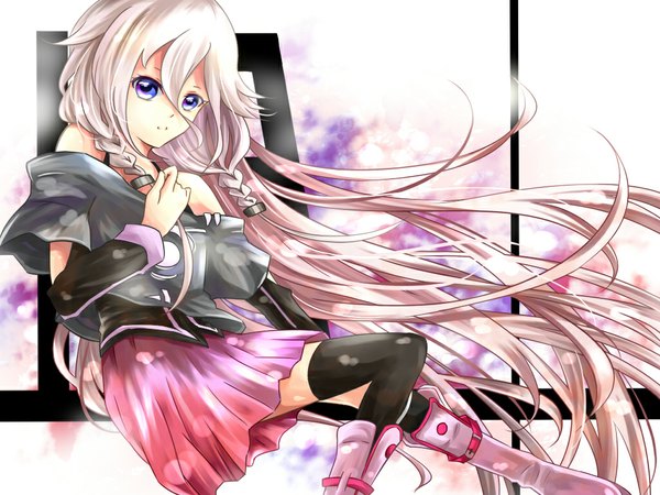 Anime picture 1024x768 with vocaloid ia (vocaloid) single looking at viewer blonde hair bare shoulders braid (braids) very long hair multicolored hair light smile twin braids girl thighhighs black thighhighs boots thigh boots