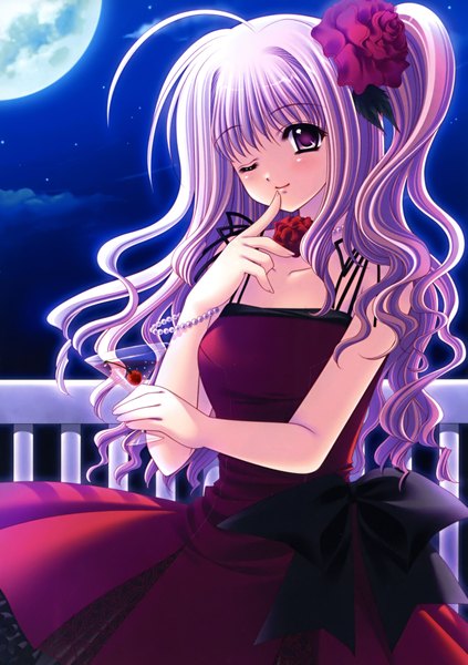 Anime picture 2451x3478 with nishimata aoi single long hair tall image highres blonde hair red eyes absurdres one eye closed hair flower wink night girl dress hair ornament moon star (stars) jewelry
