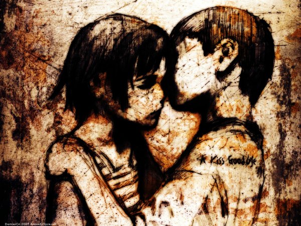 Anime picture 1024x768 with original abe yoshitoshi derniercri short hair signed black eyes couple monochrome kiss 2005 girl boy child (children)