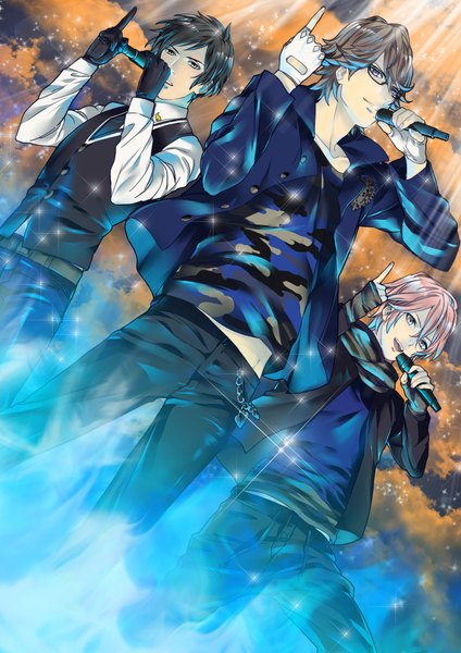 Anime picture 1446x2046 with uta no prince-sama a-1 pictures mikado nagi sumeragi kira ootori eiichi yano tall image short hair black hair brown hair purple eyes yellow eyes pink hair sky cloud (clouds) open clothes open jacket multiple boys grey eyes light