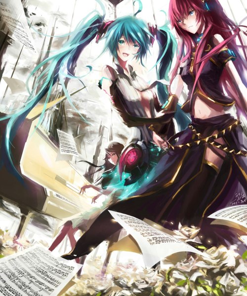 Anime picture 1500x1800 with vocaloid vocaloid append hatsune miku megurine luka hatsune miku (append) stu dts long hair tall image blue eyes twintails multiple girls green eyes pink hair ahoge aqua hair girl navel 2 girls necktie headphones