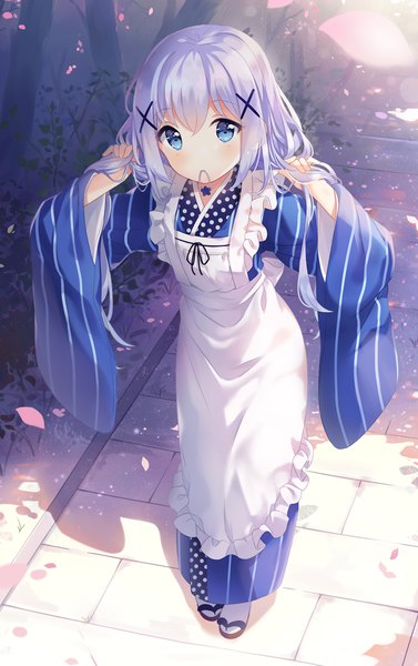 Anime picture 834x1326 with gochuumon wa usagi desu ka? white fox kafuu chino hitsukuya single long hair tall image looking at viewer blush blue eyes holding silver hair full body outdoors traditional clothes japanese clothes from above mouth hold holding hair hair tie in mouth