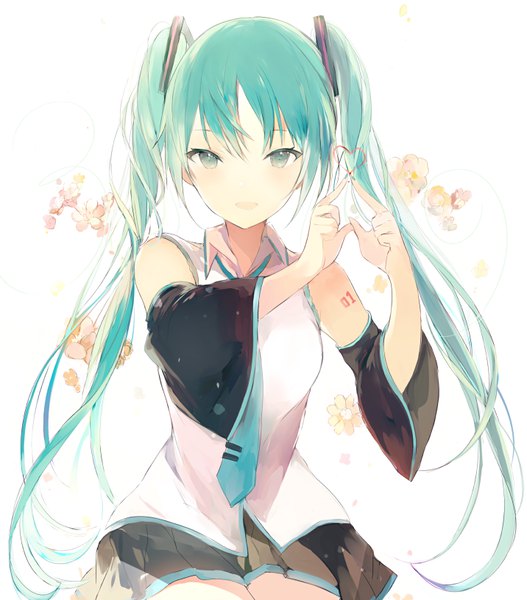 Anime picture 716x814 with vocaloid hatsune miku lpip single long hair tall image looking at viewer blush fringe open mouth simple background smile hair between eyes white background twintails green eyes payot pleated skirt green hair wide sleeves