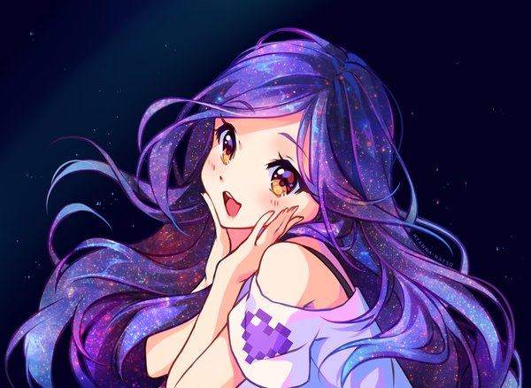 Anime picture 1163x850 with original hyanna-natsu single long hair looking at viewer blush open mouth smile bare shoulders brown eyes signed purple hair upper body ahoge head tilt night night sky watermark happy hands on face