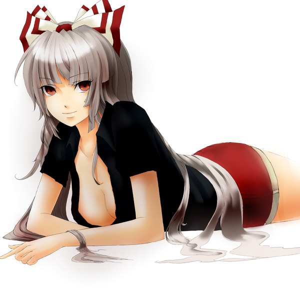 Anime picture 2200x2200 with touhou fujiwara no mokou minato (shouno) single long hair highres light erotic red eyes white background cleavage silver hair grey hair girl bow hair bow