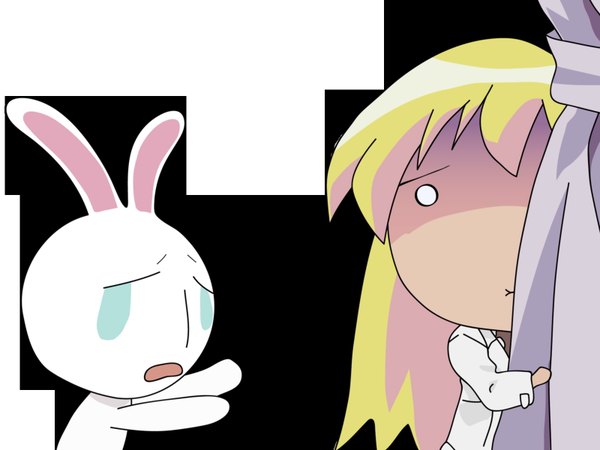 Anime picture 1600x1200 with pani poni dash! rebecca miyamoto mesousa long hair blonde hair white background upper body scared o o peeking :x girl animal bunny