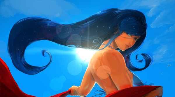 Anime picture 2144x1200 with my little pony quizzicalkisses single long hair looking at viewer highres blue eyes wide image blue hair sky wind lens flare blue background bare back personification girl swimsuit bikini towel sun