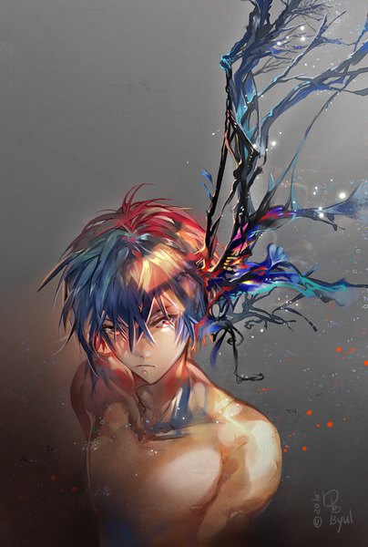 Anime picture 560x830 with original salvia single tall image fringe hair between eyes red eyes signed looking away upper body ahoge multicolored hair from above nude sparkle shadow backlighting frown 2016 >:(