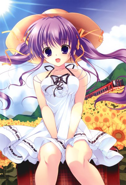 Anime picture 2876x4226 with mikeou single long hair tall image looking at viewer highres open mouth sitting twintails purple eyes bare shoulders purple hair cloud (clouds) scan teeth fang (fangs) mountain girl flower (flowers) ribbon (ribbons)