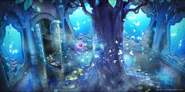 Anime picture 1600x802 with original pixiv fantasia pixiv fantasia fallen kings lost elle single wide image glow plant (plants) animal tree (trees) water hood insect butterfly cape fish (fishes) hoodie watercraft boat