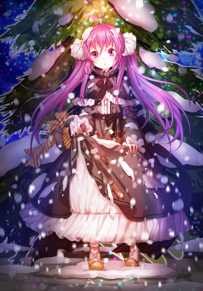 Anime picture 611x874 with original vetina single long hair tall image looking at viewer fringe hair between eyes twintails purple eyes purple hair light snowing winter snow girl dress plant (plants) tree (trees)