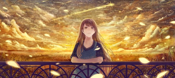 Anime picture 2675x1200 with original bounin single long hair highres brown hair wide image brown eyes sky cloud (clouds) evening sunset girl petals sundress