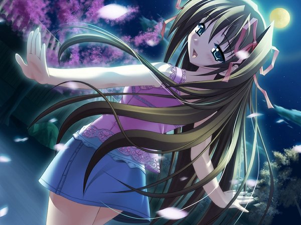 Anime picture 1024x768 with koimomo sakimine momoka long hair open mouth brown hair green eyes game cg night girl ribbon (ribbons) hair ribbon moon