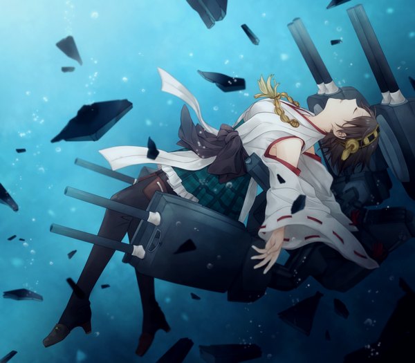 Anime picture 1200x1050 with kantai collection hiei battleship nagiya (sweet10stsn) single short hair brown hair eyes closed traditional clothes profile underwater girl weapon detached sleeves thigh boots