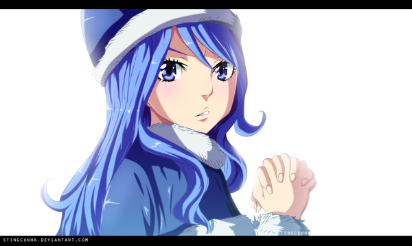 Anime picture 2600x1557 with fairy tail juvia lockser stingcunha single long hair highres simple background wide image white background purple eyes blue hair coloring letterboxed girl fur cap winter clothes
