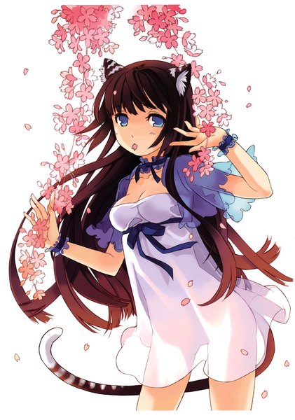 Anime picture 4403x6275 with original h2so4 tall image highres blue eyes brown hair animal ears absurdres very long hair cat ears scan cat girl cat tail see-through silhouette girl petals sundress