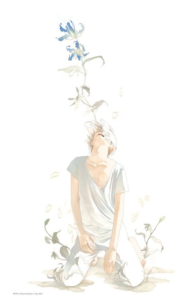 Anime picture 748x1186 with original re (artist) single tall image short hair open mouth simple background white background white hair head tilt barefoot kneeling boy flower (flowers) petals pants