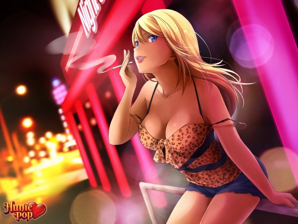 Anime picture 2400x1800 with hunie pop jessie maye ninamo single long hair highres breasts open mouth light erotic blonde hair purple eyes lips inscription night copyright name lipstick city light smoking girl