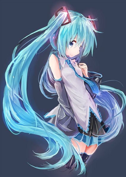 Anime picture 1031x1456 with vocaloid hatsune miku kuroneko shi single tall image looking at viewer blue eyes simple background smile twintails bare shoulders very long hair profile pleated skirt aqua hair grey background wide sleeves girl skirt detached sleeves