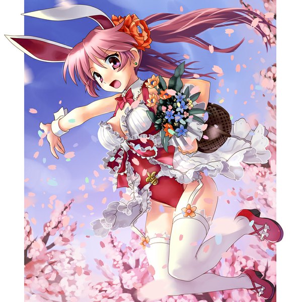 Anime picture 800x800 with original katahira masashi single long hair looking at viewer blush breasts open mouth light erotic twintails animal ears pink hair pink eyes hair flower wind bunny ears cherry blossoms bunny girl midair girl