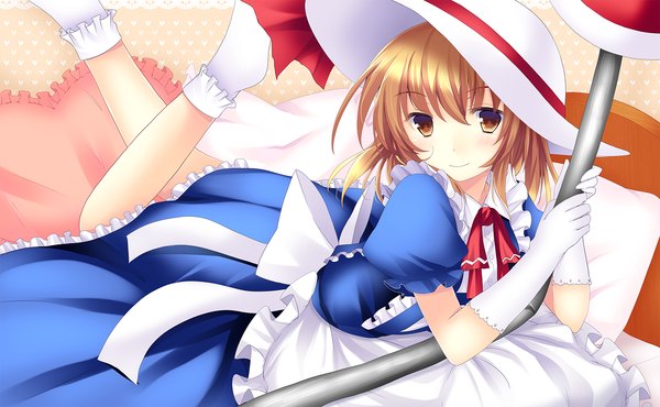 Anime picture 1701x1050 with touhou kana anaberal ajiriko single looking at viewer highres short hair blonde hair wide image brown eyes girl dress gloves bow hat socks white gloves pillow bed white socks