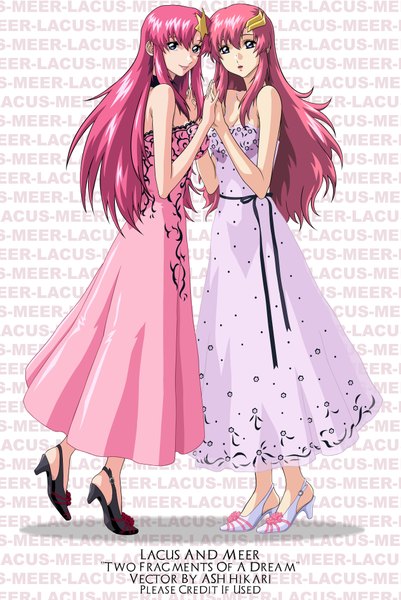 Anime picture 2525x3775 with mobile suit gundam gundam seed destiny sunrise (studio) lacus clyne meer campbell long hair tall image highres bare shoulders multiple girls pink hair light smile inscription grey eyes holding hands vector girl dress hair ornament 2 girls